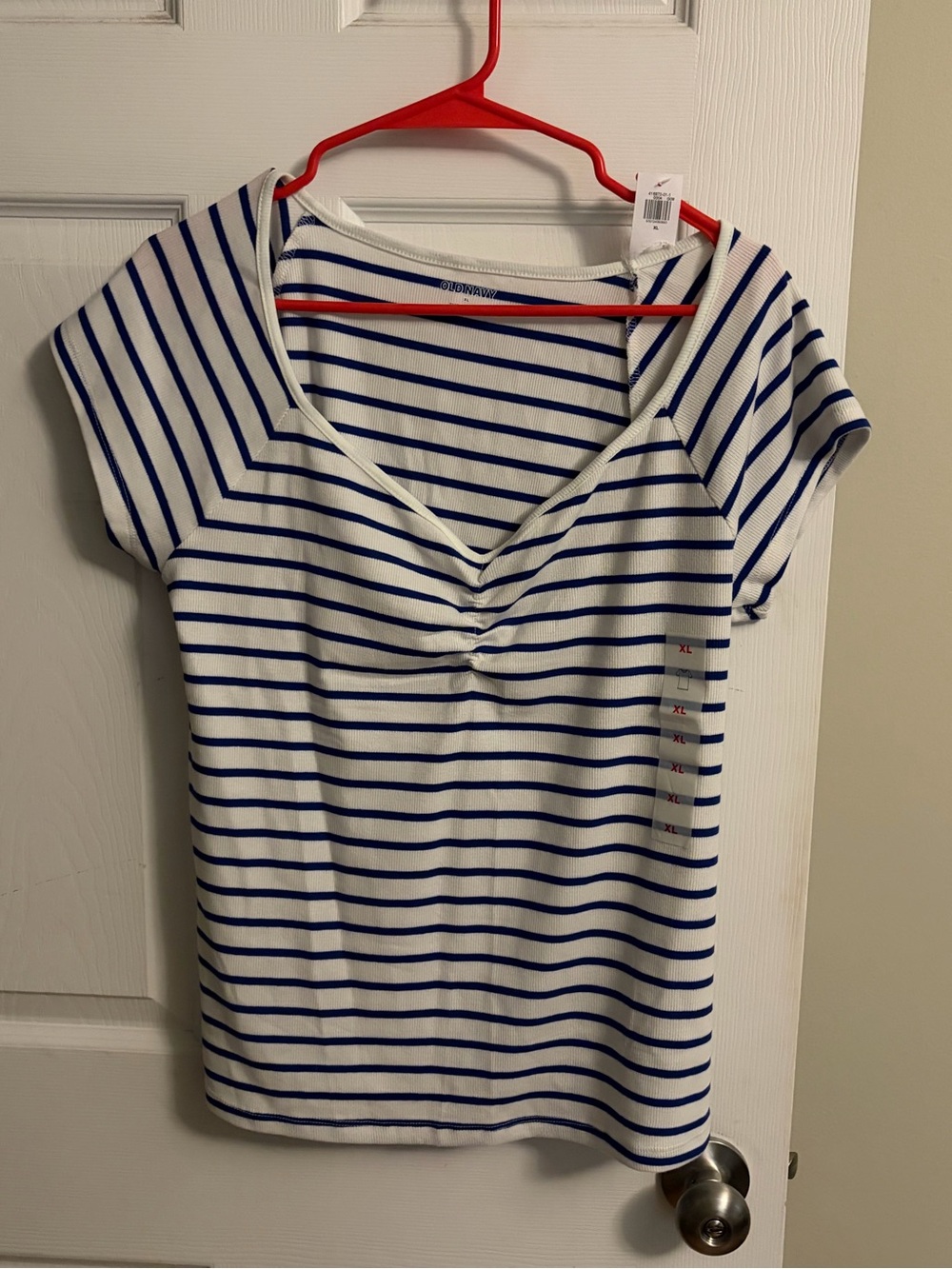 Old Navy Blue & White Striped Ruched V-Neck Short Sleeve Top
